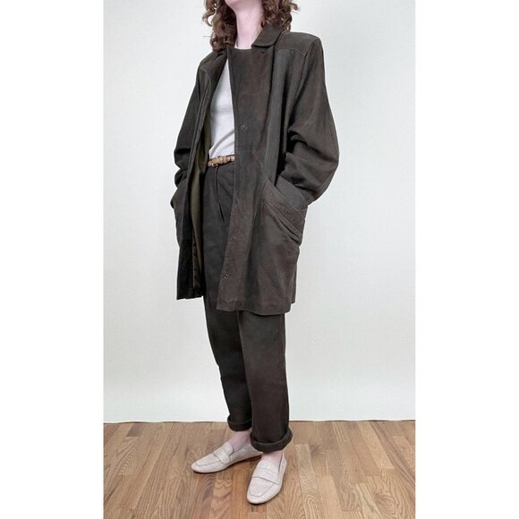 Vintage Suede Leather Matching Set Suit Oversized High Rise Long Unique Luxury - Picture 3 of 13